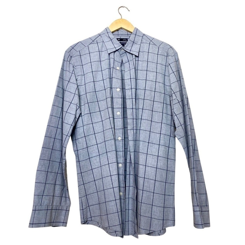 Gap Mens Classic Fit Grey Windowpane Check Button Down Cotton Shirt Large